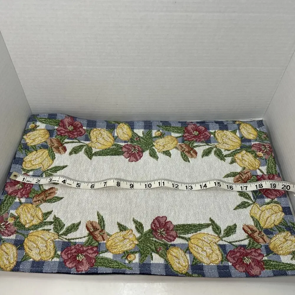 Tulip Flowers Blue White Checked Border Woven Tapestry 19